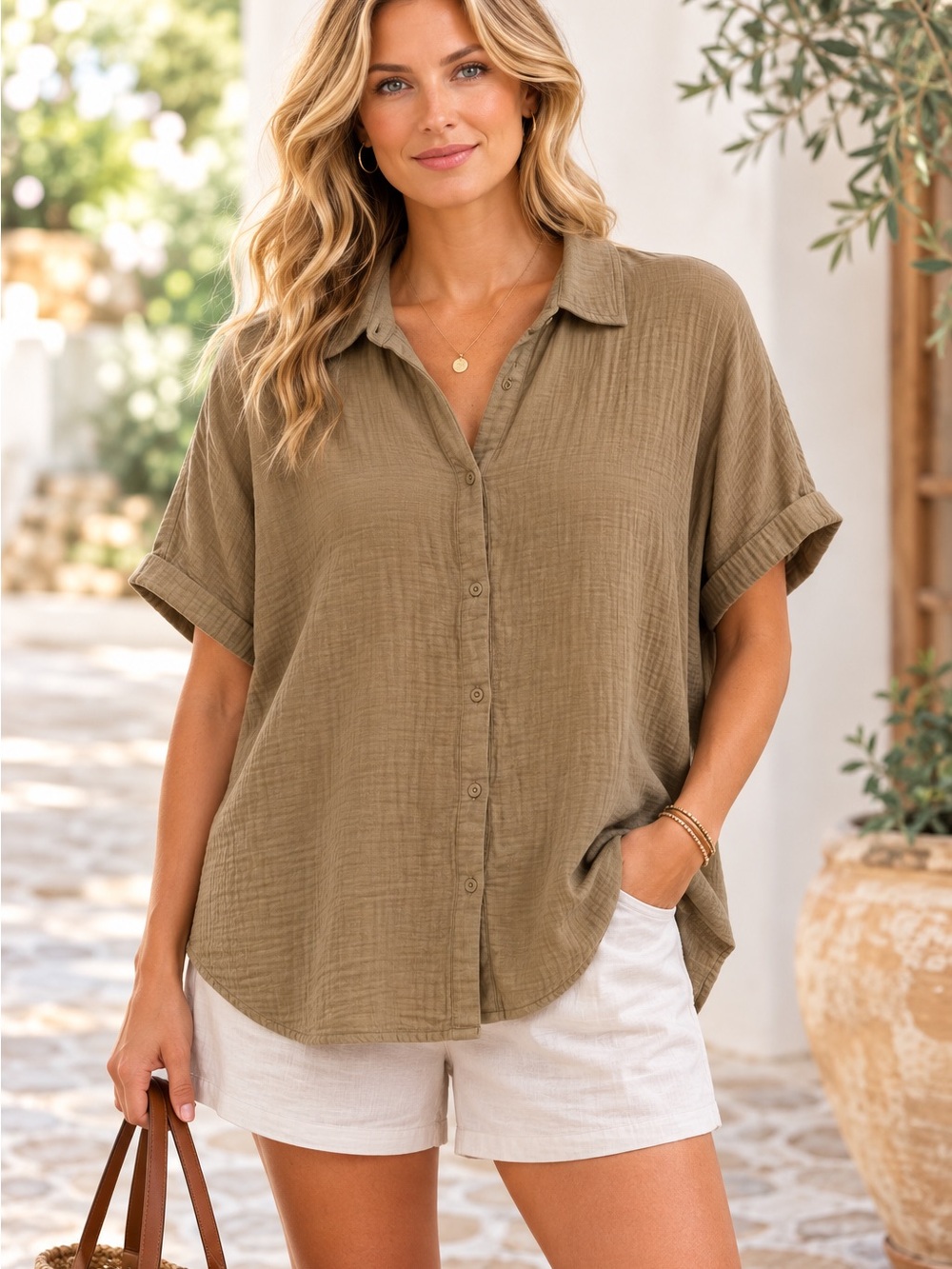 Pact Coastal Double Gauze Oversized Shirt Organic Driftwood Brown Size Large